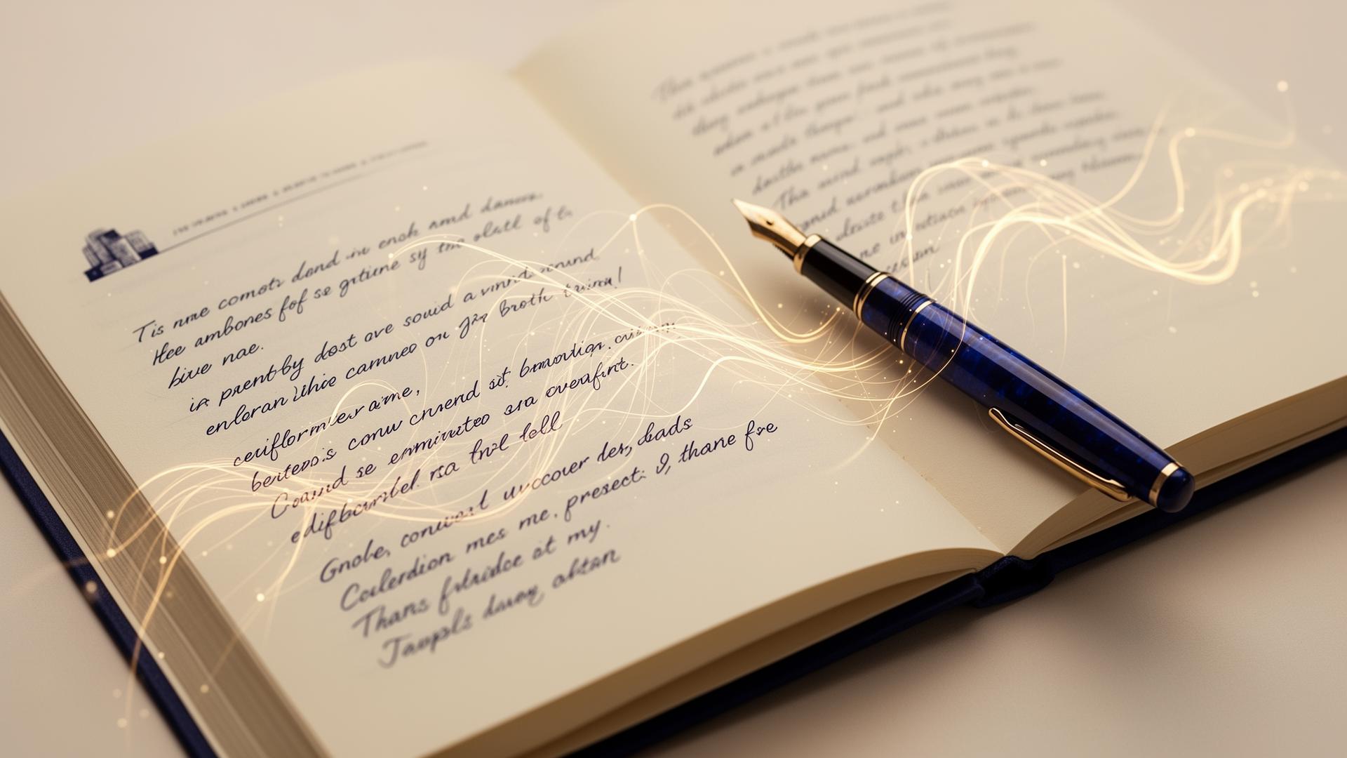 Open notebook with a fountain pen and glowing AI lines weaving across the pages